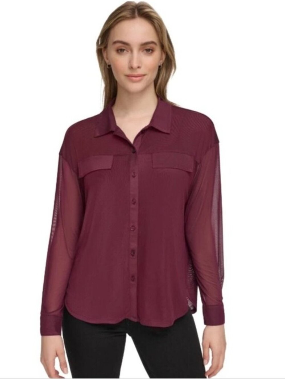 Calvin Klein Modern Essentials Sheer Button-Front Shirt Port New Small Career